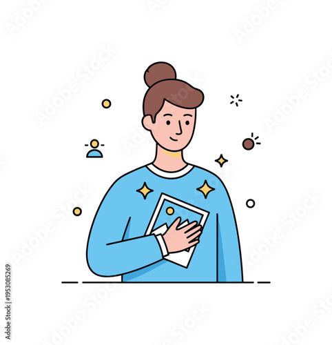 Gratitude for past experiences character holding a single photo close to the chest with small star accents symbolizing appreciation and warmth. A simple