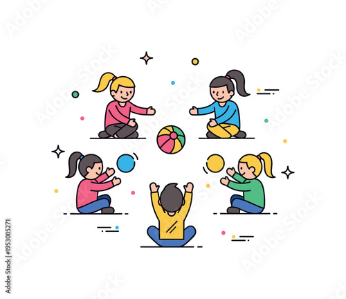 Group circle game children sitting in a circle passing a bright ball to one another, illustrating communication and shared play. A simple concept illustration