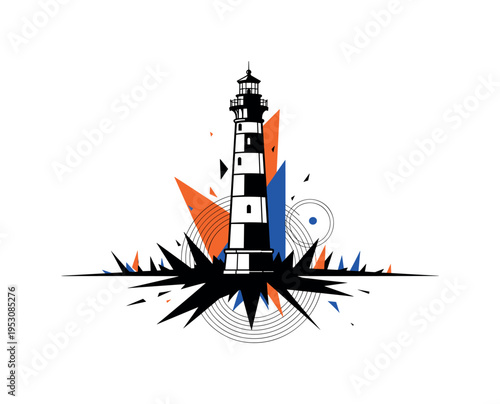 Black and white lighthouse standing against simplified horizon, sharp angular shards and concentric rings symbolizing navigation, vivid orange and cobalt blue