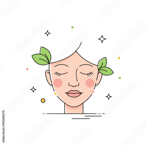 Holistic wellness glow minimalist female face silhouette with subtle leaf motifs and soft sparkle accents. A positive visual metaphor about inner health