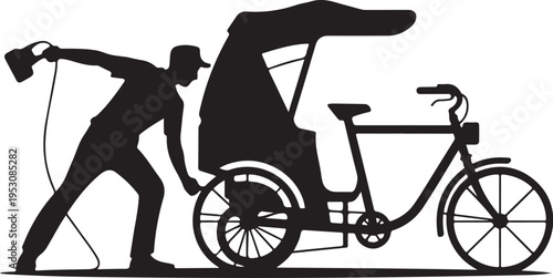 Black silhouette man pushing rickshaw with megaphone