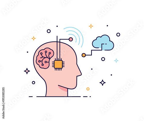 Brain computer interface connection illustrated by a simplified human head silhouette with a small neural chip and soft signal waves linking to a tiny cloud