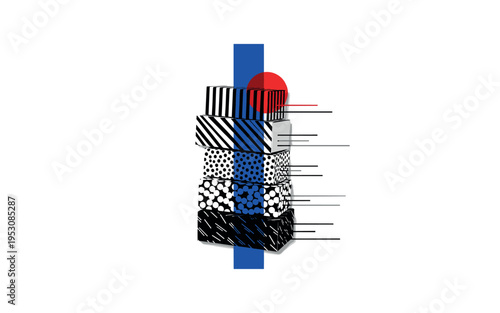 Black and white stack of subscription boxes arranged vertically, bold blue vertical stripe dividing composition, red circular accent overlapping the top box,