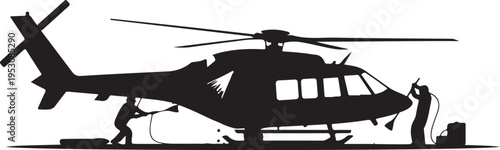 Black silhouette helicopter with two people refueling on ground