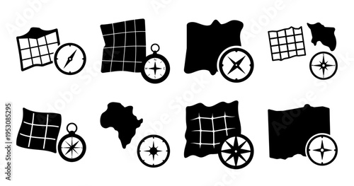 Maps and Compasses Illustrations Collection in Black and White for Travel Concepts