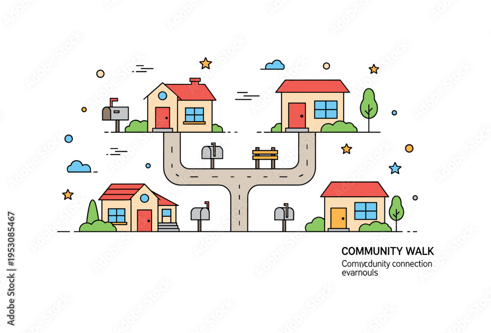 Obraz premium Suburban neighborhood concept featuring simple homes with front lawns, mailboxes, and a walking path connecting them, symbolizing calm residential life. A