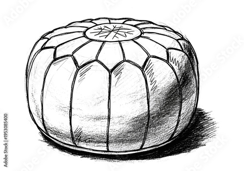 Hand-drawn sketch of a round, tufted ottoman with a starburst pattern on top