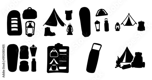Camping Checklist and Gear Illustration Featuring Tent, Sleeping Bag, and More