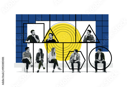 Black and white friend group sitting together but each enclosed in separate geometric frames, vivid yellow circle behind central empty space, deep blue