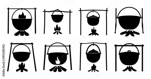 Diverse cauldron illustrations suspended over a campfire with minimalist black lines