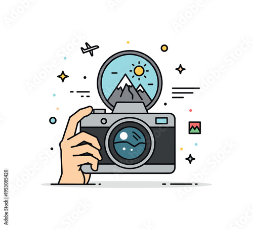 Travel snapshot concept showing a camera held in foreground with a tiny mountain and sun scene inside the lens circle, expressing adventure and memory making.