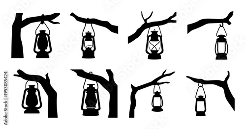 A collection of vector graphic silhouette lanterns hanging from various tree branches