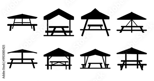 Collection of picnic table silhouettes with different roof shapes and designs