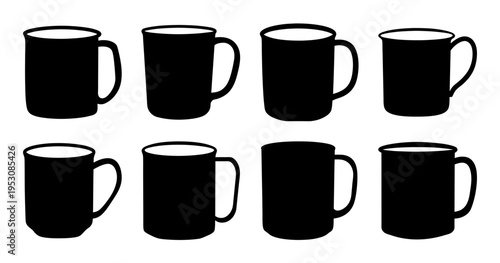 Collection of eight black coffee mugs arranged in a grid formation