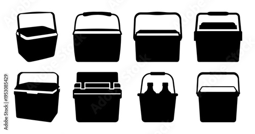 Collection of black and white cooler box silhouettes, various shapes and sizes