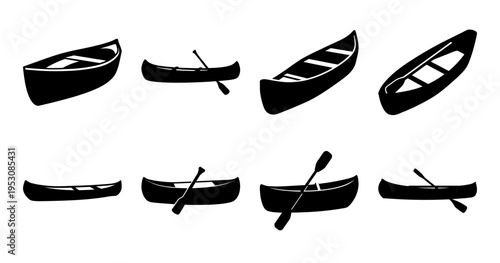 A set of eight black and white canoe illustrations on a white background