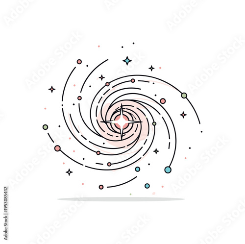 Spiral galaxy formation swirling luminous arms wrapping around a bright central core, with tiny scattered stars enhancing the sense of depth and cosmic motion.