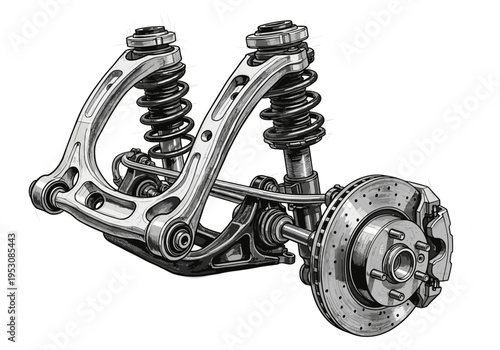 Detailed illustration of a performance car's front suspension system with brake assembly