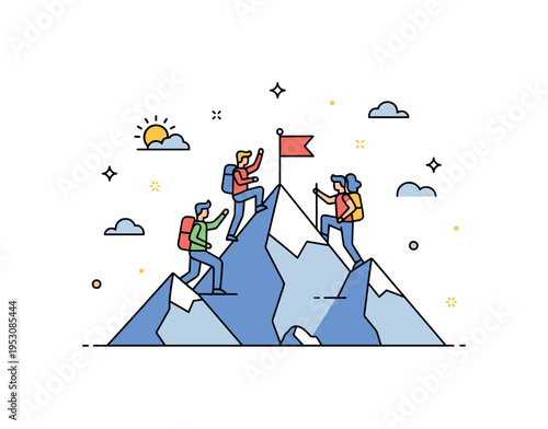 Peak moment celebration depicting hikers reaching the top of a stylized mountain with a small flag icon planted at the summit, conveying success and goal