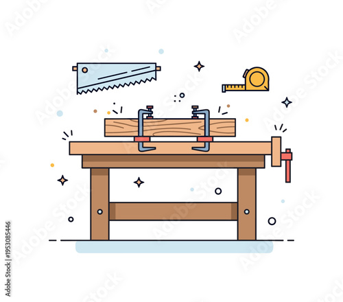 DIY carpentry workshop featuring a workbench with a plank secured by clamps, while small sawdust accents and a measuring tape icon suggest precision and