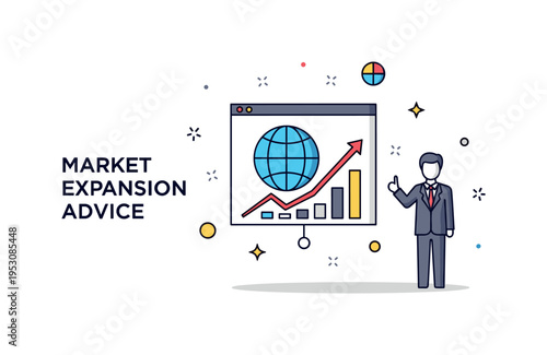Market expansion advice theme featuring a presentation screen with a globe icon and upward trend line, while a consultant silhouette gestures toward new