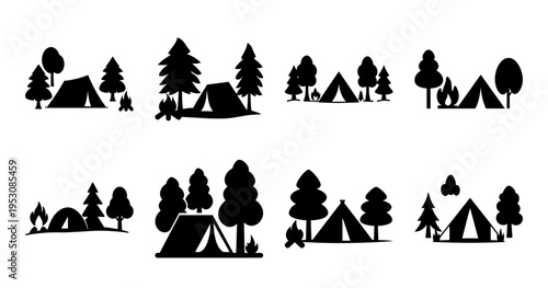 Silhouetted Camping Scenes with Tents, Trees, and Campfires, Set of Illustrations
