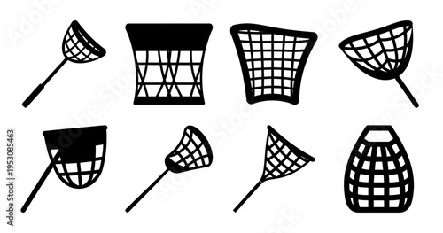 Diverse Collection of Catching Nets Depicted in Black and White Silhouettes