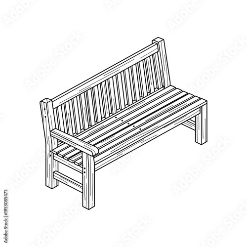 black and white line drawing of a wooden bench