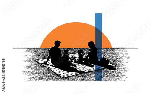 Black and white picnic blanket spread across garden lawn with small family silhouettes seated around it, large orange semicircle above like glowing sun, blue