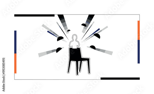 Black and white minimalist composition of potato transforming into small gnocchi shapes across the frame, oversized navy circle framing upper half, thin orange