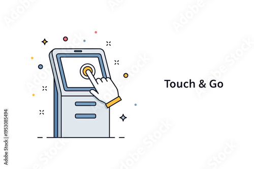 Touch based information stand illustrated by a sleek kiosk with a highlighted finger tap icon on the screen. A subtle ?Touch & Go? caption reinforces intuitive