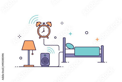 Bedroom automation with virtual assistant represented by a small bedside speaker connecting to a lamp and alarm clock icons with soft signal curves. A compact