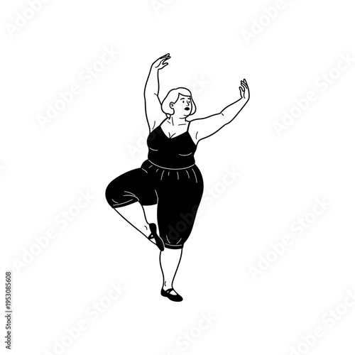 plus size woman in black outfit dancing in line art style