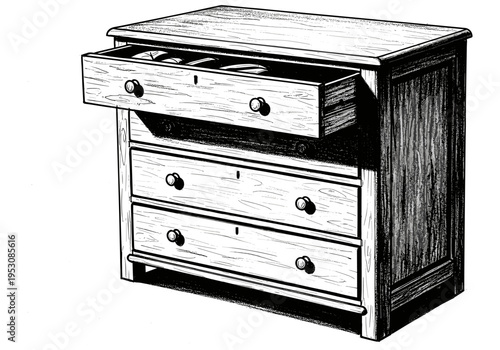 Vintage wooden dresser with one open drawer revealing contents and three closed drawers below
