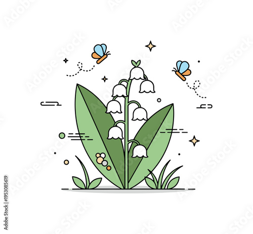 Lily of the valley with small butterflies or bees hovering nearby, emphasizing pollination, life, and natural interaction in a gentle woodland scene.