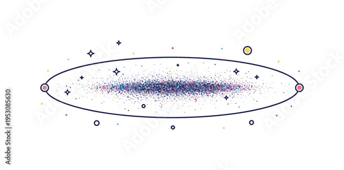 Elliptical galaxy silhouette smooth glowing oval cluster with dense star concentration in the center and soft fading edges. A refined concept badge expressing