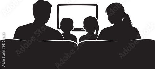 Black silhouette of family reading book with children and tablet