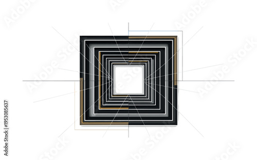 A monochrome architectural square frame viewed in perspective, oversized concentric square outlines radiating outward, thin linear grid elements structuring