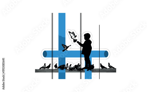 Black and white child figure feeding pigeons in park silhouette, intersected by blue cylindrical shapes and thin vertical lines suggesting urban setting, clean