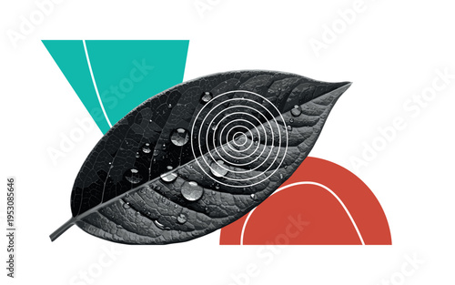Black and white large leaf in foreground with gentle water droplets landing on it, concentric ripples and semicircles symbolizing quiet awareness, vivid teal