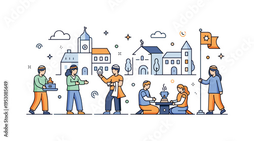 People freely practicing different religious rituals and secular activities side by side in a town square, emphasizing inclusivity, personal choice, and