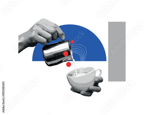 Black and white barista hand holding metal pitcher pouring into mug, bright electric blue semicircle framing upper area, thin curved lines suggesting foam