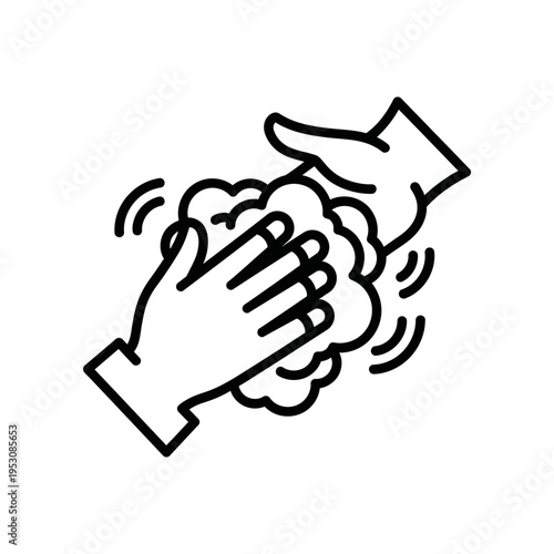 black and white line art of hands washing with soap