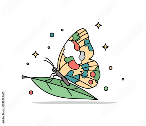 Animal mimicry camouflage butterfly resting on a leaf with wing pattern blending into surrounding shapes. A compact visual metaphor for adaptation, survival,