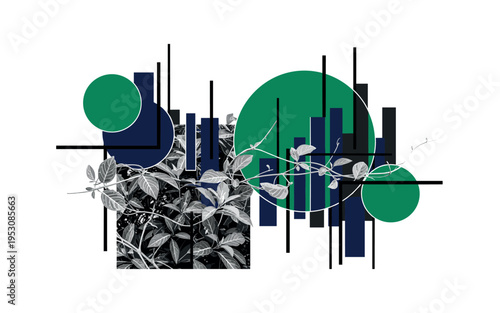 Black and white tropical rainforest fragment with detailed leaves, combined with bold abstract circles and vertical rectangular shapes suggesting dense layers,
