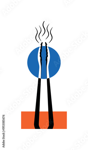 Black and white elongated tongs forming vertical axis in composition, large blue circle intersecting upper half, orange rectangular block grounding lower