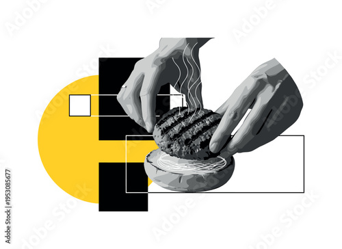Close-up monochrome hands placing a burger patty onto a bun, layered with a large yellow semicircle and intersecting rectangular geometric blocks, subtle