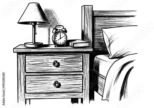 Sketch of a bedside table with a lamp, alarm clock, and book next to a bed
