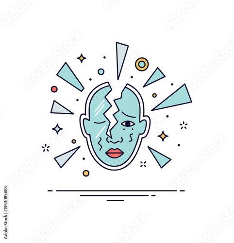 Fractured reflection symbolic broken mirror with a warped face expressing emotional stress and identity confusion. Clean geometric shards radiate around the