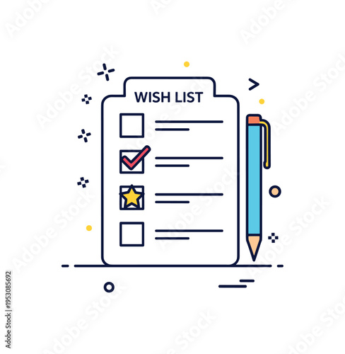 Wish list planning concept built around a simple checklist with one highlighted star-marked item, representing goals, aspirations, and future plans. The visual